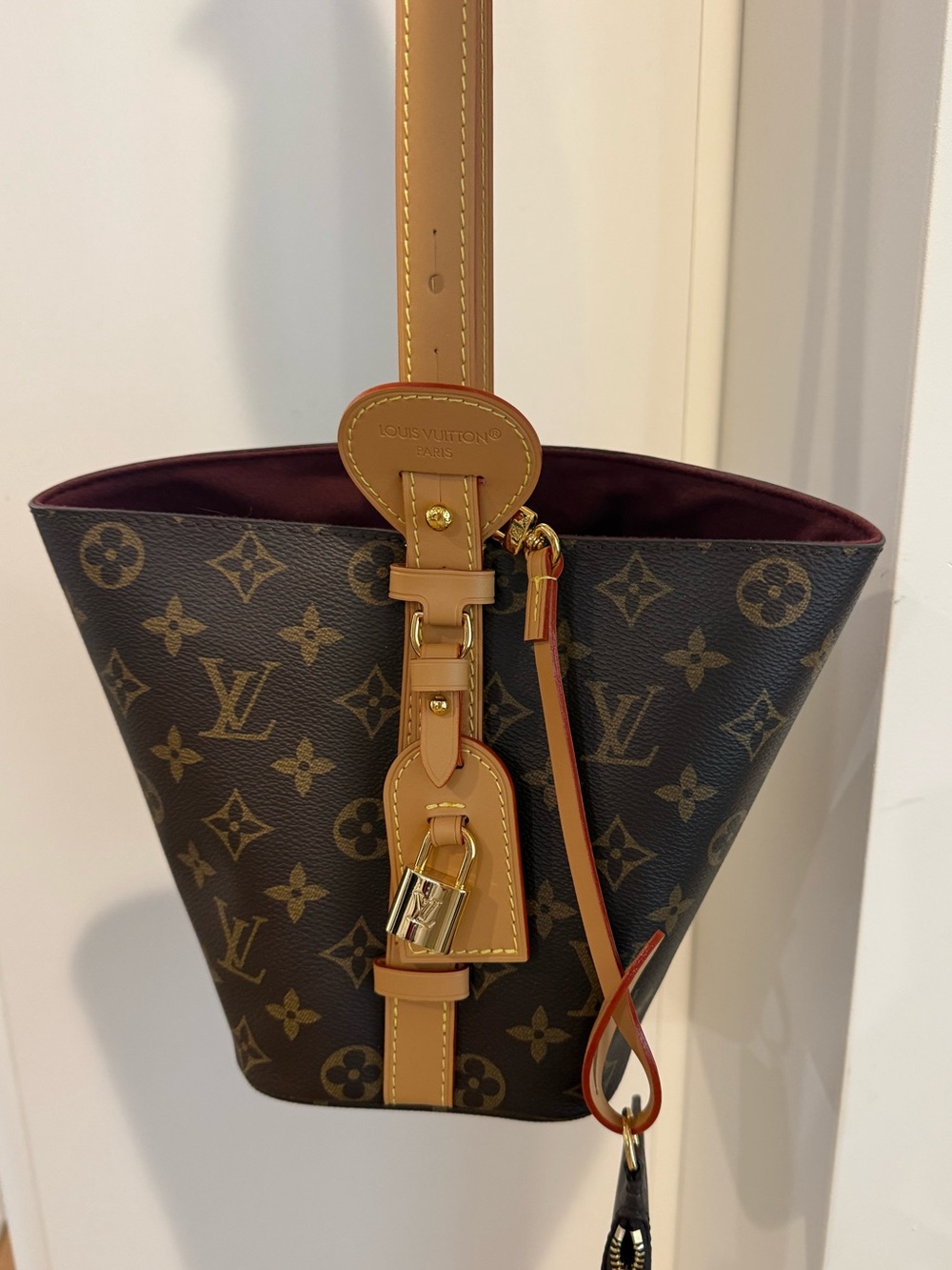 LV Monogram Mini Bucket Bag with Tan Trim and Burgundy Interior